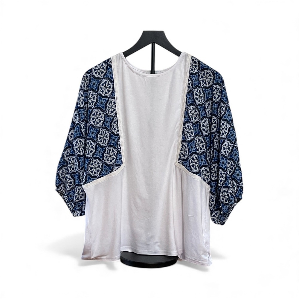 Chic White Top Geometric Print Puff Sleeve Blouse Women's Medium - Picture 5 of 6